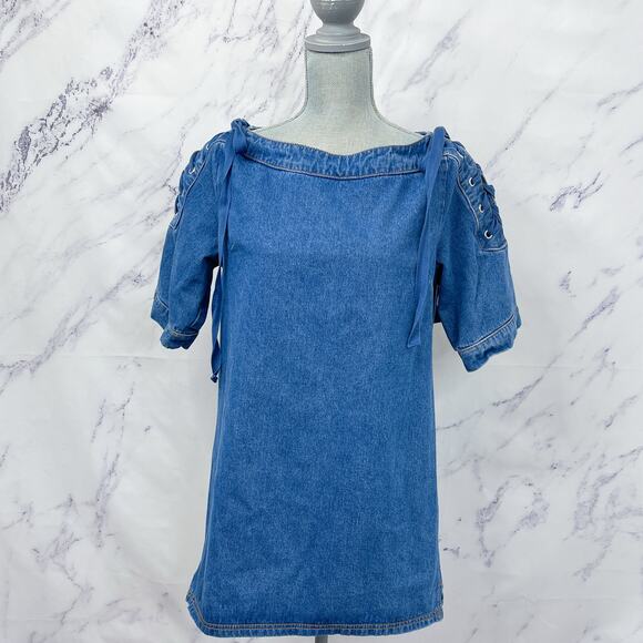 Anthropologie | Maeve | Denim Mini Shift Dress with Lace-Up and Tie Shoulders - Picture 1 of 12